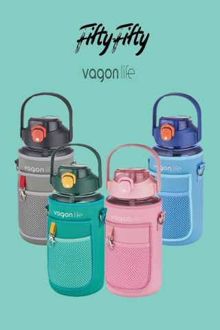 Vagonlife VGN2115 Kılıflı ((telefon Koyma Yeri)) Taşıma Askılı 1500 Ml Pipetli/pipetsiz Kullanım Su Matarası Gri