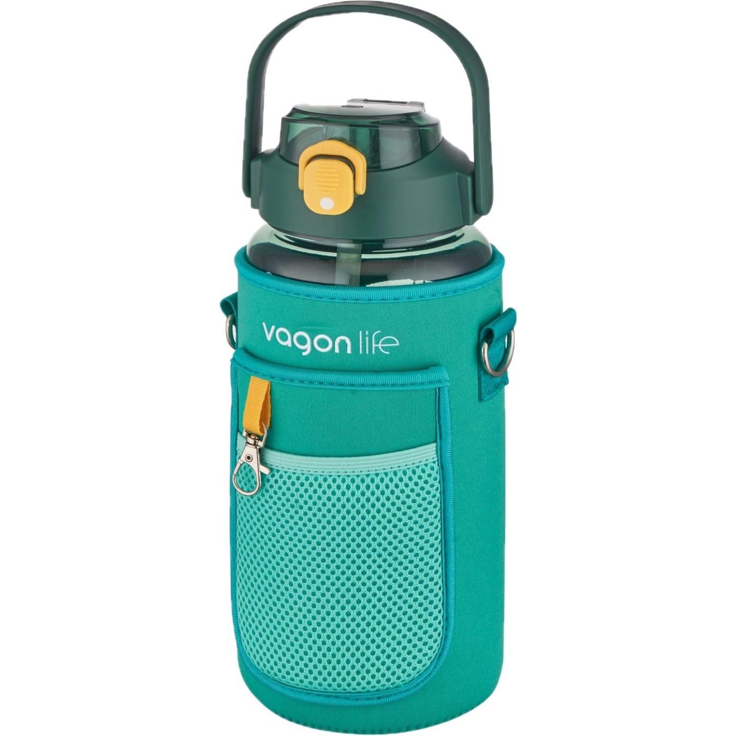 Vagonlife VGN2115 Kılıflı ((telefon Koyma Yeri)) Taşıma Askılı 1500 Ml Pipetli/pipetsiz Kullanım Su Matarası Yeşil