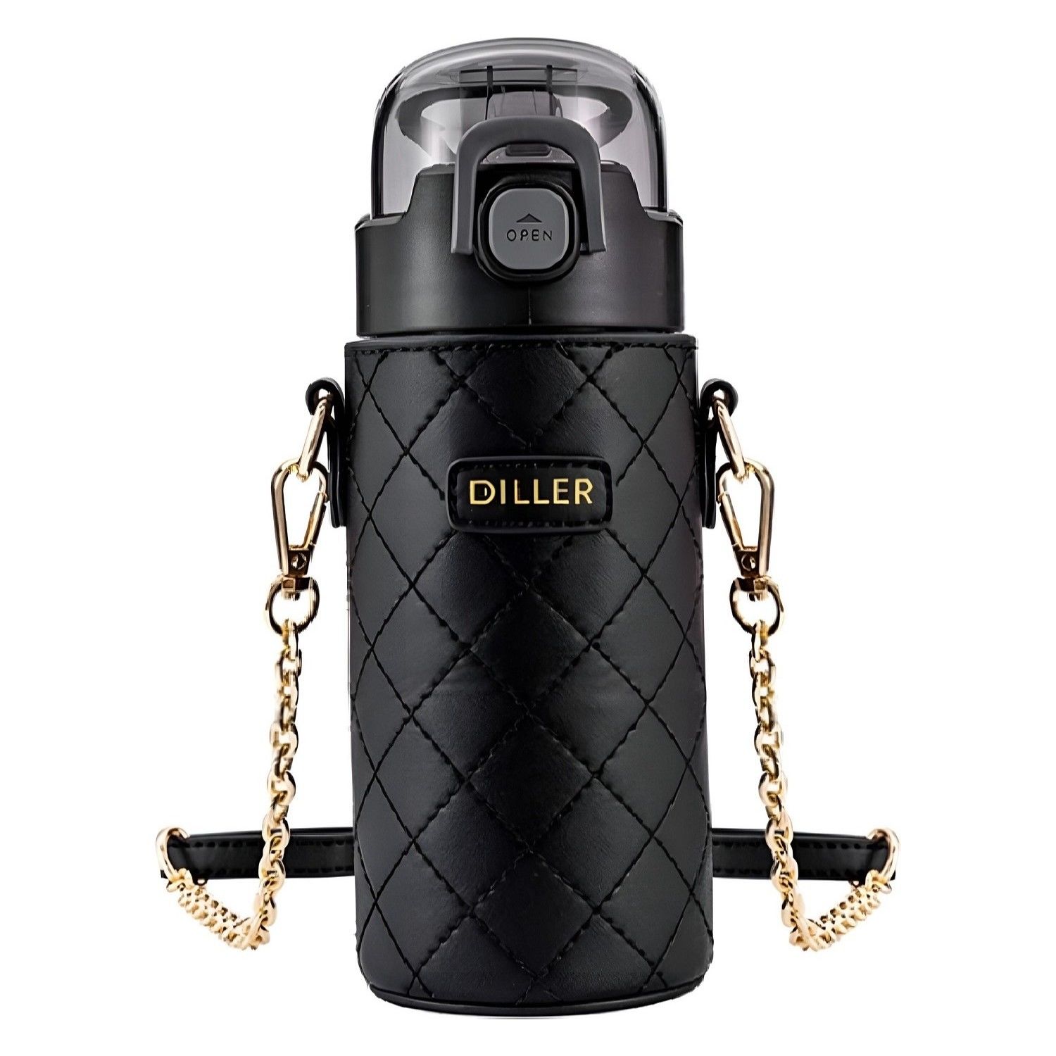 Diller 8947 450ml Siyah Pipetli Deri Kılıflı Taşıma Askılı Deri Kılıflı Çelik Matara 6 Saat Sıcak/soğuk