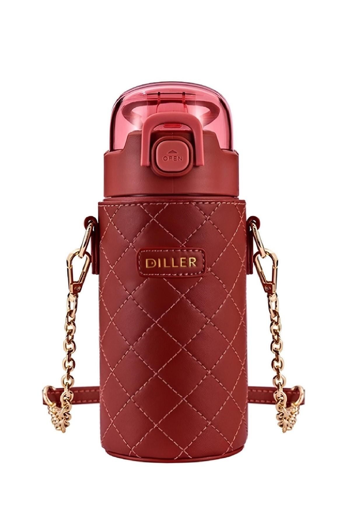 Diller 8947 450ml Kırmızı Pipetli Deri Kılıflı Taşıma Askılı Deri Kılıflı Çelik Matara 6 Saat Sıcak/soğuk