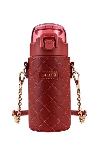Diller 8947 450ml Kırmızı Pipetli Deri Kılıflı Taşıma Askılı Deri Kılıflı Çelik Matara 6 Saat Sıcak/soğuk