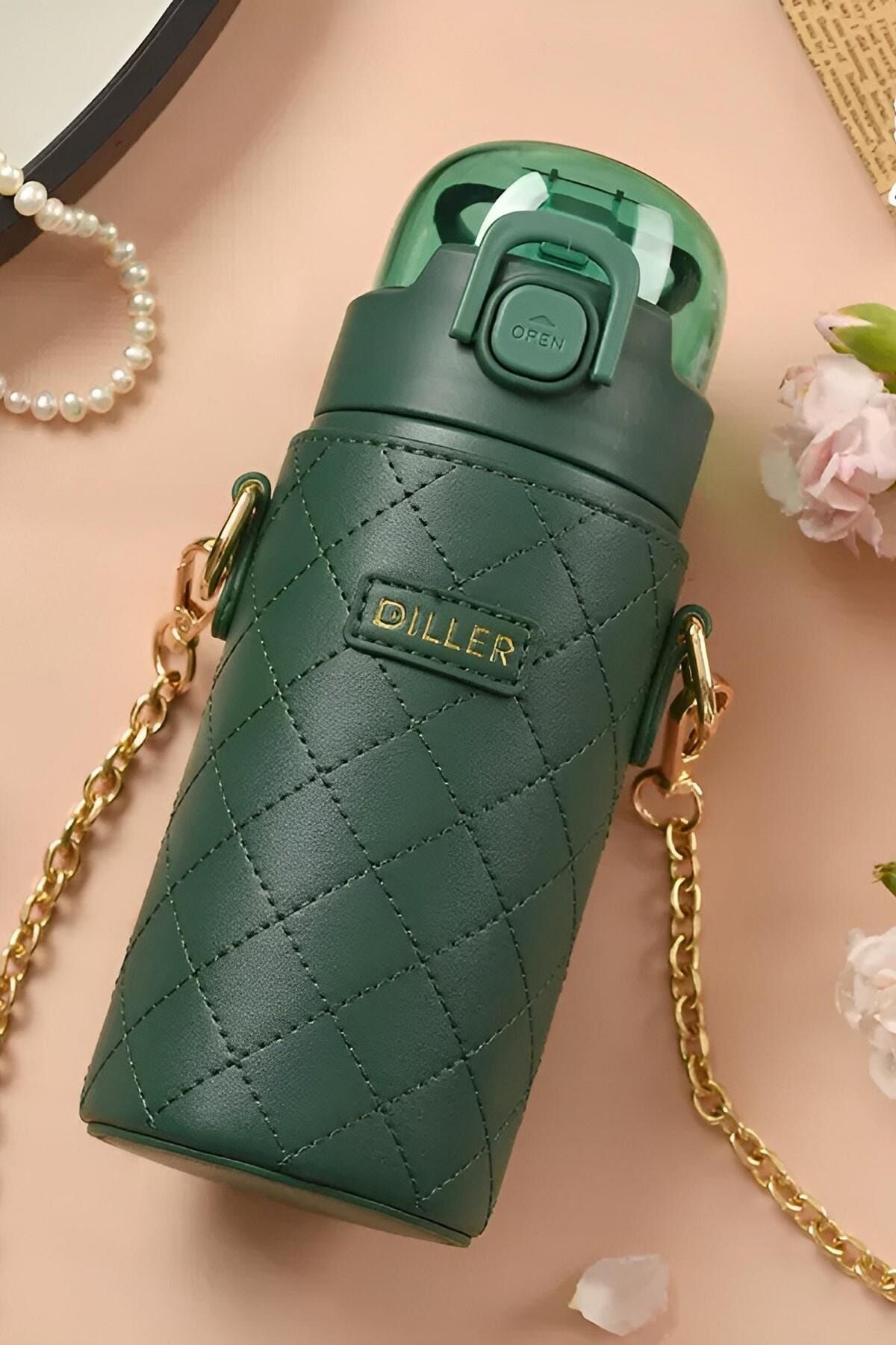 Diller 8947 450ml Yeşil Pipetli Deri Kılıflı Taşıma Askılı Deri Kılıflı Çelik Matara 6 Saat Sıcak/soğuk