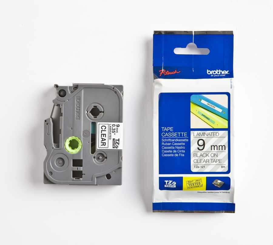 Brother P-Touch TZE-121 TZE-TAPE 9MM Şeffaf üzerine Siyah Laminasyonlu Etiket