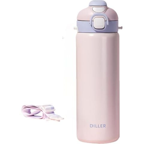Diller 9073 700ml Pembe Tek Kapak Çift Kullanım Pipetli/pipetsiz Askılı Çelik Su Matarası 6 Saat Sıcak/soğuk