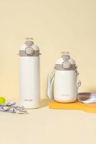 Diller 9073 700ml Beyaz Tek Kapak Çift Kullanım Pipetli/pipetsiz Askılı Çelik Su Matarası 6 Saat Sıcak/soğuk