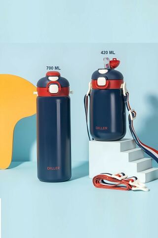 Diller 9073 700ml Lacivert Tek Kapak Çift Kullanım Pipetli/pipetsiz Askılı Çelik Su Matarası 6 Saat Sıcak/soğuk