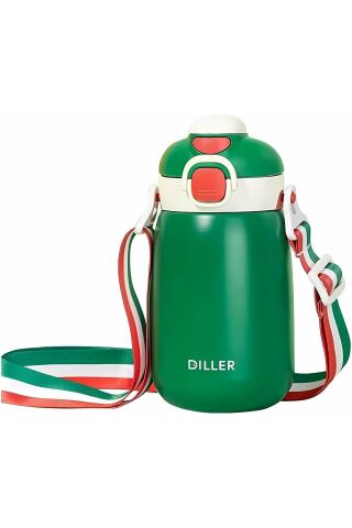 Diller 9073 420ml Yeşil Tek Kapak Çift Kullanım Pipetli/pipetsiz 420ml Askılı Çelik Su Matarası 6 Saat Sıcak/soğuk