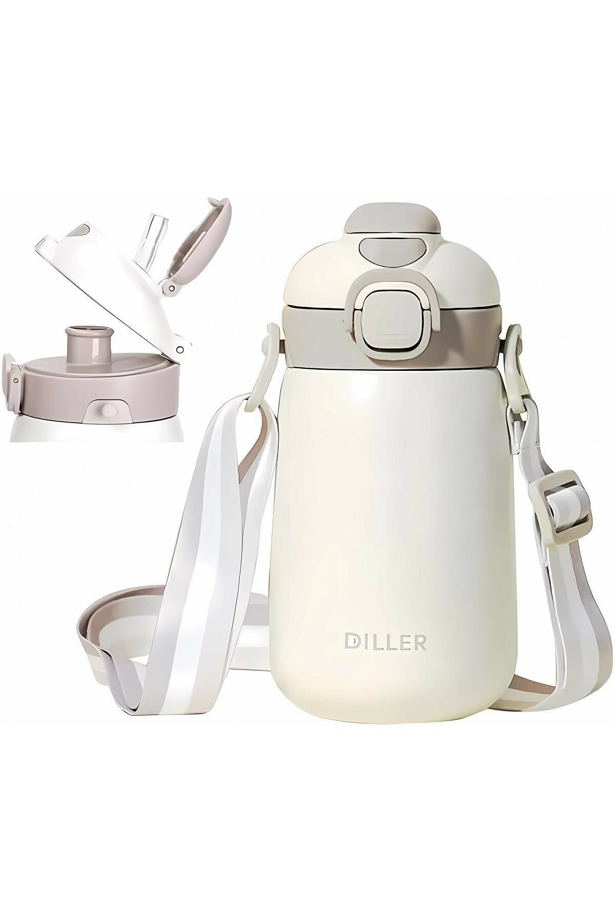Diller 9073 420ml Beyaz Tek Kapak Çift Kullanım Pipetli/pipetsiz 420ml Askılı Çelik Su Matarası 6 Saat Sıcak/soğuk