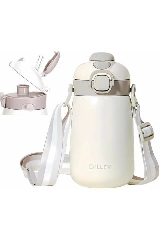 Diller 9073 420ml Beyaz Tek Kapak Çift Kullanım Pipetli/pipetsiz 420ml Askılı Çelik Su Matarası 6 Saat Sıcak/soğuk