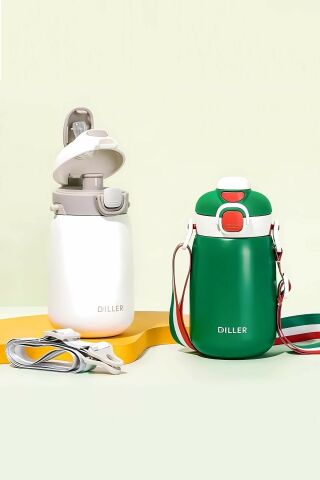 Diller 9073 420ml Beyaz Tek Kapak Çift Kullanım Pipetli/pipetsiz 420ml Askılı Çelik Su Matarası 6 Saat Sıcak/soğuk