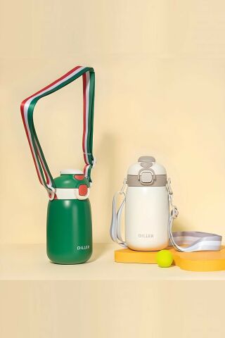 Diller 9073 420ml Beyaz Tek Kapak Çift Kullanım Pipetli/pipetsiz 420ml Askılı Çelik Su Matarası 6 Saat Sıcak/soğuk