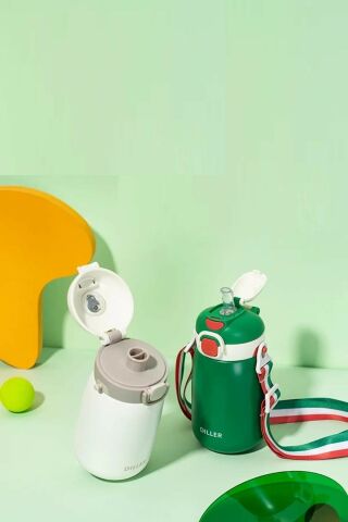 Diller 9073 420ml Beyaz Tek Kapak Çift Kullanım Pipetli/pipetsiz 420ml Askılı Çelik Su Matarası 6 Saat Sıcak/soğuk