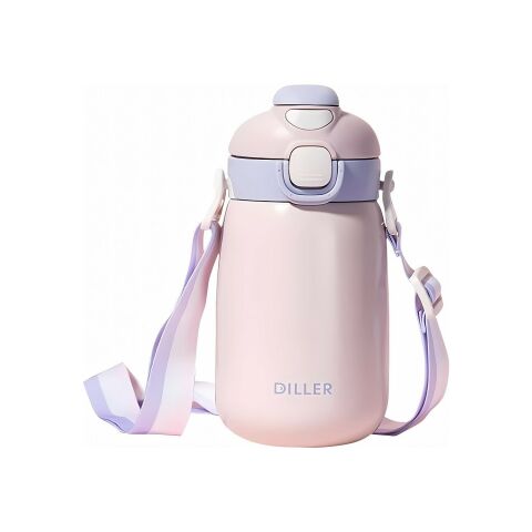 Diller 9073 420ml Pembe Tek Kapak Çift Kullanım Pipetli/pipetsiz 420ml Askılı Çelik Su Matarası 6 Saat Sıcak/soğuk
