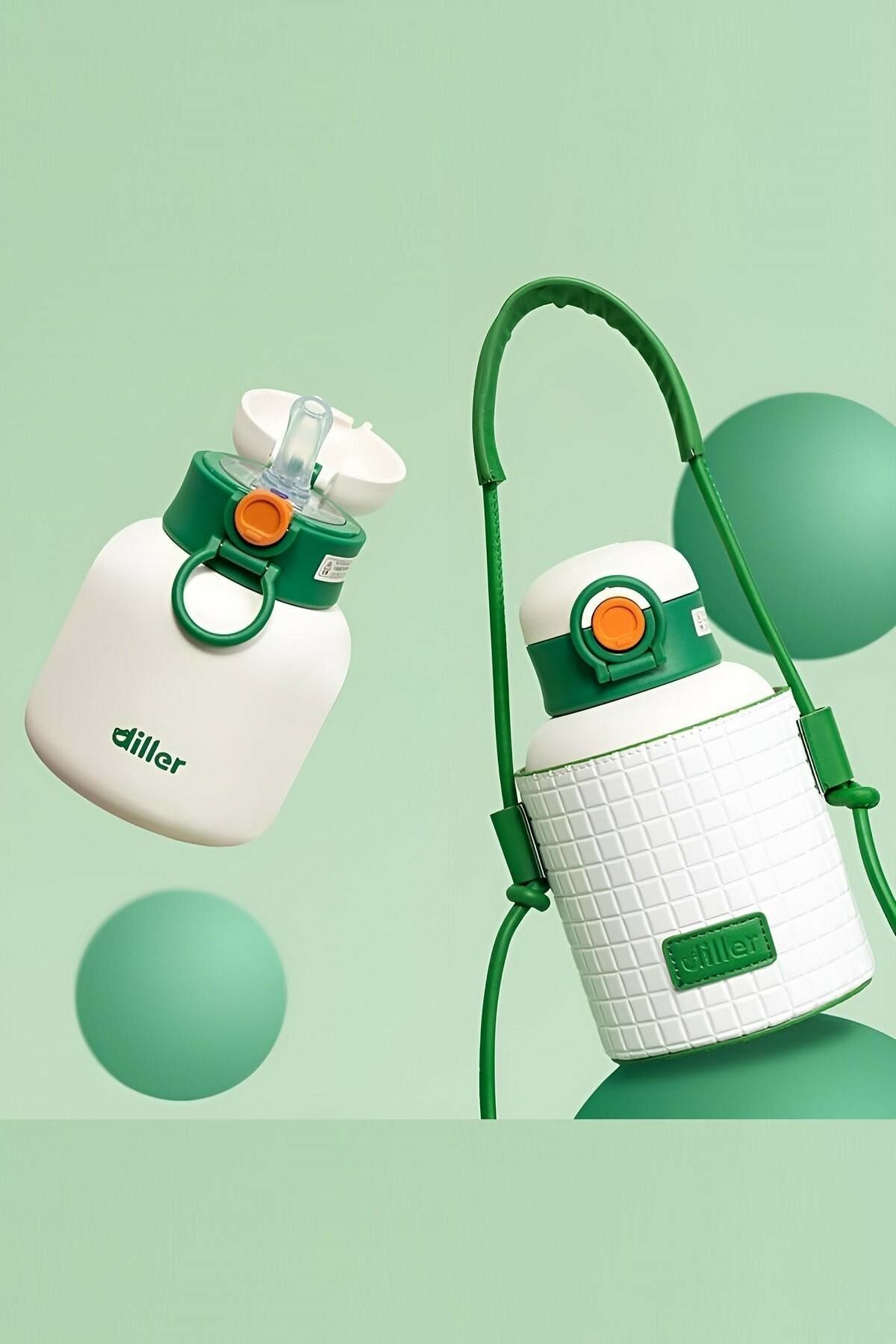 Diller 9068 480ml Beyaz Pipetli Taşıma Askılı Deri Koruma Kılıflı Çelik Matara 6 Saat Sıcak/soğuk Tutma Süresi