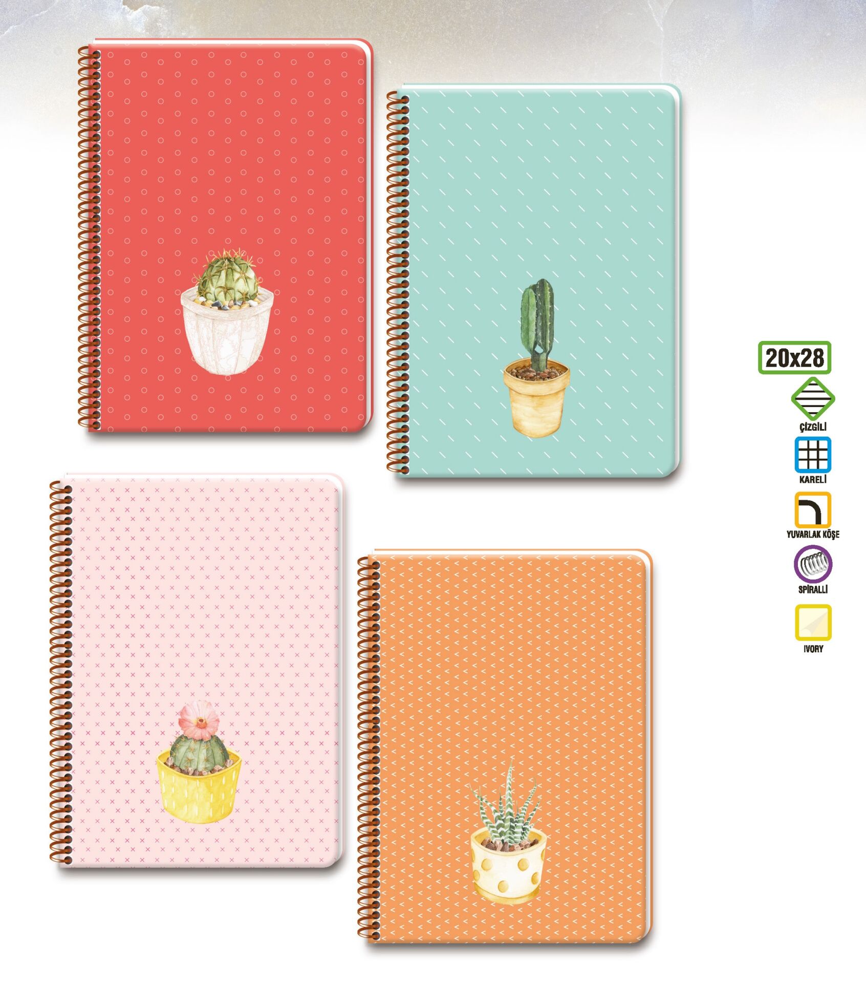 Keskin Color 20x28cm Saguaro 100 Yaprak Kareli Sert Kapak Spiralli Defter