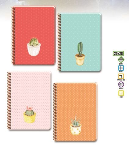 Keskin Color 20x28cm Saguaro 100 Yaprak Kareli Sert Kapak Spiralli Defter