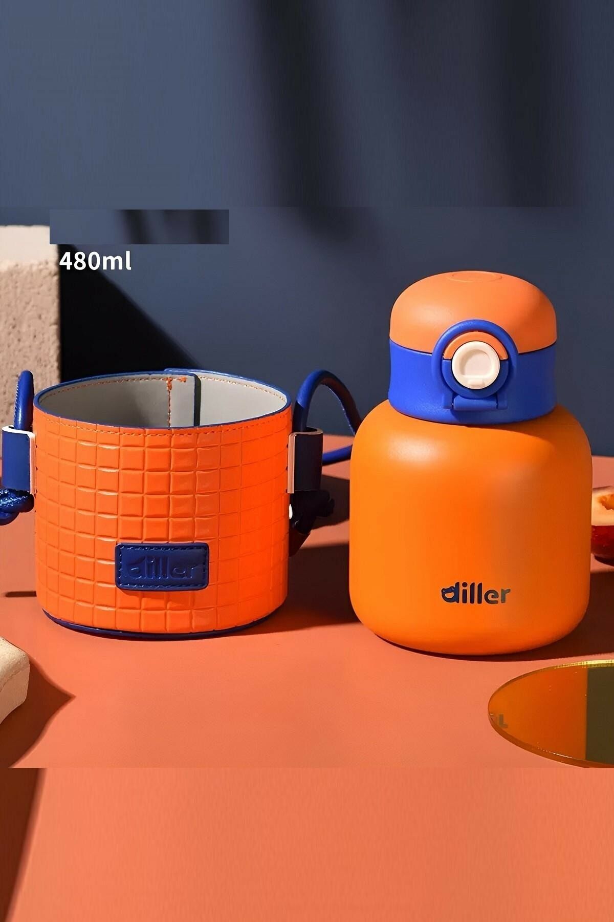 Diller 9068 480ml Turuncu Pipetli Taşıma Askılı Deri Koruma Kılıflı Çelik Matara 6 Saat Sıcak/soğuk Tutma Süresi