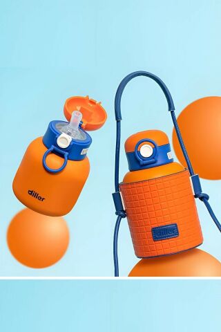Diller 9068 480ml Turuncu Pipetli Taşıma Askılı Deri Koruma Kılıflı Çelik Matara 6 Saat Sıcak/soğuk Tutma Süresi